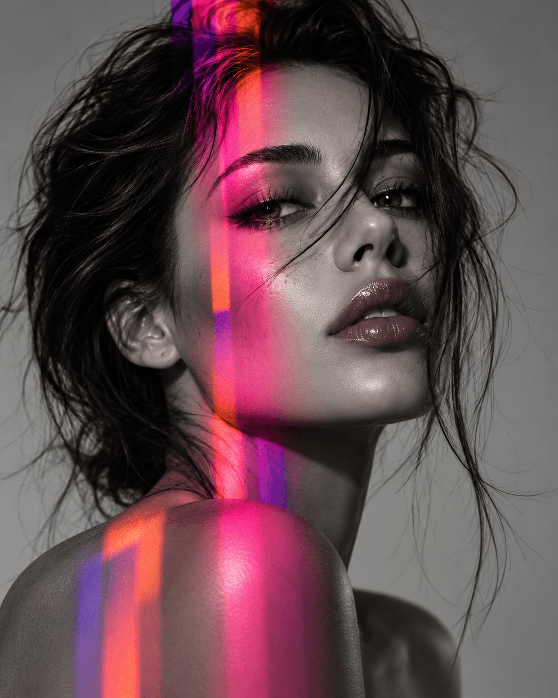 Beauty portrait in neon pink light